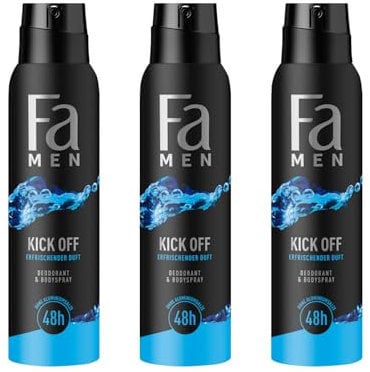 Fa Men Deodorant & Bodyspray Kick Off (3x 150 ml), Deospray mit aktivierend-frischen Duft, Deo ohne Aluminium für bis zu 48 h Deo-Schutz, hinterlässt keine Deo-Rückstände