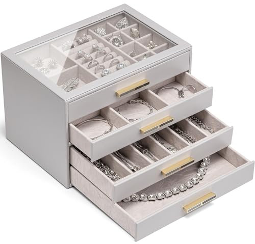 Vlando Schmuckkästchen Groß, Schmuckkasten mit 4 Ebenen, Schmuck Organizer mit Glasdeckel, 4 Schubladen,für Halsketten, Ohrringe, Uhren, Armbänder, Schmuckaufbewahrung, Modern
