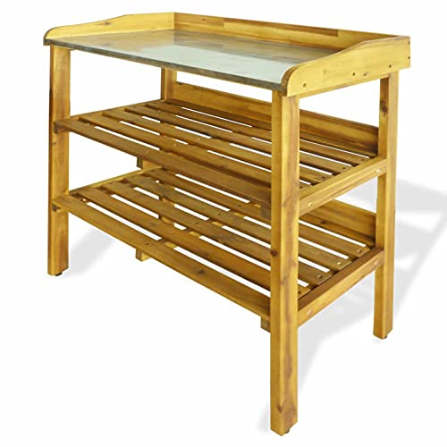 ShCuShan Banco para macetas con 2 estantes Madera Maciza de Acacia+Zinc Maceteros Asiento Exterior con Jardineras Banqueta