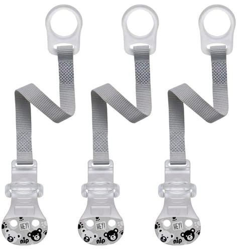 nip Schnullerband mit Ring 3-er Set Unisex Bär grau made in Germany Komfort-Verschluss für alle Schnuller mit und ohne Ring, Befestigungsring aus flexiblem Silikon
