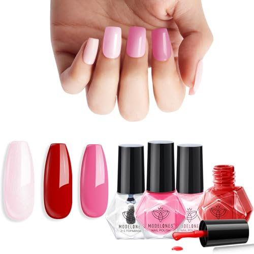 Modelones Nail Polish Set 3 Colors Pink Nail Polish Kit with Base and Top Coat & Remover Pad Bubble Natural Skin Tone Glitter Finger Nail Polish Manicure Diy Nail Art Salon Home