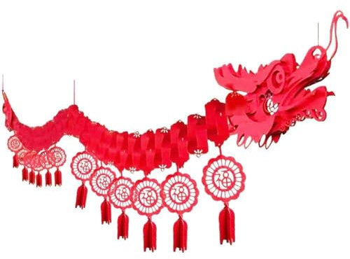 HiyyFloy Guirlande De Dragon du Nouvel an Chinois, Décorations Suspendues, Bannière De Dragon Chinois Non Tissé avec 12 Porte-Bonheur, Ornements De Fête