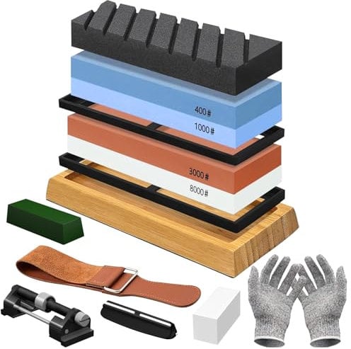 UCAMP Pietra per Affilare,Pietra Affilacoltelli,400/1000 3000/8000 Grana,base antiscivolo, guida angolare, cinturino in pelle,guanti antitaglio,pasta lucidante,Guida di Levigatura,Pietra per Spianare