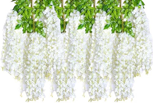 Molyorch 4 Pièces Artificielle Fleurs Faux Wisteria Vigne, Glycine Fausse Fleur Artificielles, Faux Plantes Suspendues Plastique pour Mariage, Arche, fête, Jardin, décoration d'intérieur (Blanc)