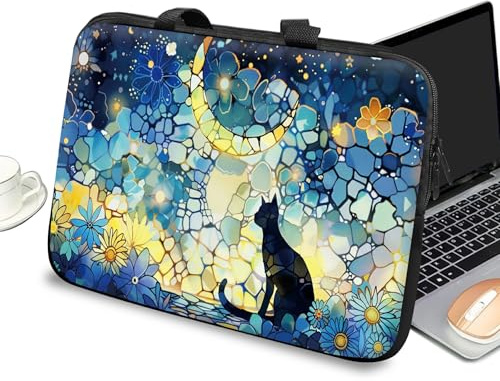 Universal Laptop Case Sleeve 10 inch with Handle and Zipper, Kids Tablet Carrying Case Messenger Bag Portable Tote Bag for 7-10 inch iPad/Notebook/eBook/Readers, Glass Cat Moon