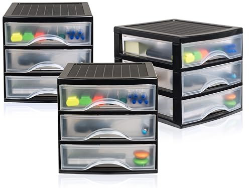 Hausfelder Schubladenbox A5 aus Kunststoff, 3 x Schubladenschrank mini mit jeweils 3 Schubladen, Organizer für Büro, Regal, Medikamente, Bastelmaterial, durchsichtig, Schwarz Transparent