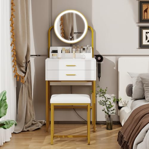 YOURLITE Small Dressing Table with Lighted Mirror and Lights, Compact Vanity Table with with Drawers for Bedroom, Mini White Modern Makeup Desk with Hair Dryer Rack and Cushioned Stool(White and Gold)