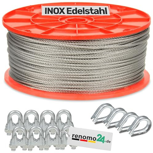 Renomo24 Edelstahlseil Set 2 (3mm 7x7) - 40m, 8x Bügelklemmen, 4x Kauschen / V4A / AISI 316 (INOX)