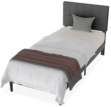 Suusolny Polsterbett Bettgestell mit Kopfteil aus Leinenstoff und Lattenrost Einzelbett Doppelbett Einfache Montage mit Installationstools Bettrahmen Bis 300KG Dunkelgrau-90 x 200 cm