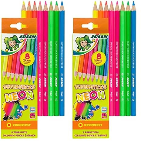 JOLLY Superstick Neon Buntstifte Farbstifte | Kinderfest und Bruchsicher | Ungiftig | extra dicke Mine | 8 Stifte im Kartonetui (Packung mit 2)