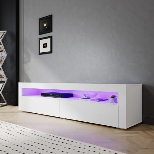 SIRHONA Mobile TV bianco, mobile Tele con LED, illuminazione LED RGB con colore regolabile, 2 armadi con porte, 180 x 40 x 45 cm, adatto per soggiorno o camera da letto