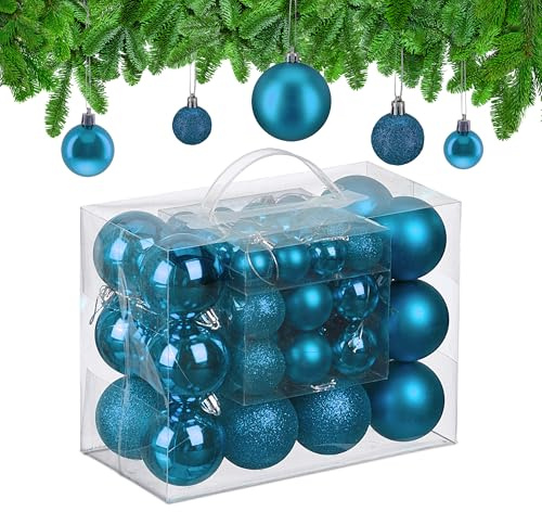 Relaxdays Christmas Baubles, Set of 50, Tree Ornaments, Holiday Decorations, Plastic, Glittery, Matte & Shiny, Petrol, 3 Sizes