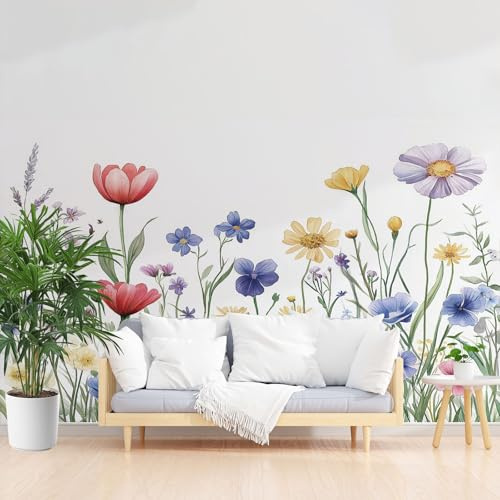 Pastoralen Blumenwiese 3D Fototapete, Bunt Wildblumen Tapeten Vliestapete, Rustikal Natur Wandtapete Schlafzimmer Kinderzimmer Wohnzimmer Tapete Abwaschbar Wasserfest 150 x 105 cm (B x H)