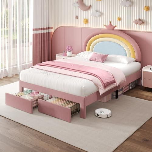 4ft6 Double Bed Frame with Storage Drawers, Velvet Upholstered Platform Bed with Adjustable Rainbow Headboard & Wooden Slats Support/No Box Spring Needed, Youth Beds for Adult Kids Teenagers, Pink