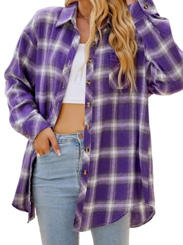 Women's Loose Fit Plaid Flannel Shirt Long Sleeve Button Down Casual Shirt for Fall Winter