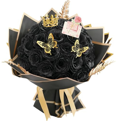 AIGOCITY 24Pcs Glitter Roses Bouquet,DIY Artificial Rose Bouquet Black | Sparkly Fake Flower with Crown Card 3D Butterfly for Birthday Gifts Wedding Valentine's Day Mother's Day