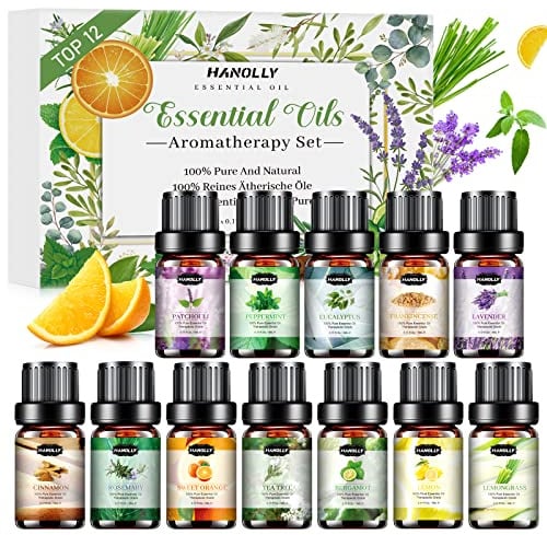 Hanolly Ätherische Öle Set, 12 x 5 ml Naturrein Aromatherapie Duftöle für Diffuser, Luftbefeuchter, Kerzenherstellung