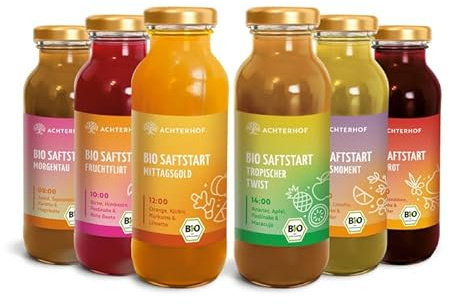 Saftstart Bio Fastenkur | 6 Flaschen pro Tag mit Frucht- und Gemüsesäften in top Bio-Qualität | nur 551 Kalorien/Tag | Achterhof