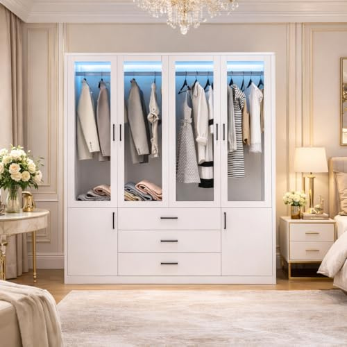 LieABak Kleiderschrank mit Schubladen und Transparente Tür, Schmaler Schrank, Mehrzeckschrank, Modern Flurschrank mit türig, Vielseitiger Drehtürenschrank für Schlafzimmer, Weiß (Transparente Tür)