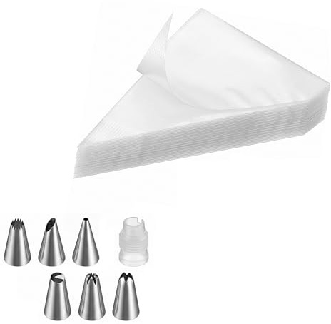 100 Pcs Kit Mangas pasteleras desechables con 6 boquillas y 1 convertidor | Profesional, Para decorar tartas, cupcakes, galletas, chocolate y dulces, Resistente, Fácil de usar