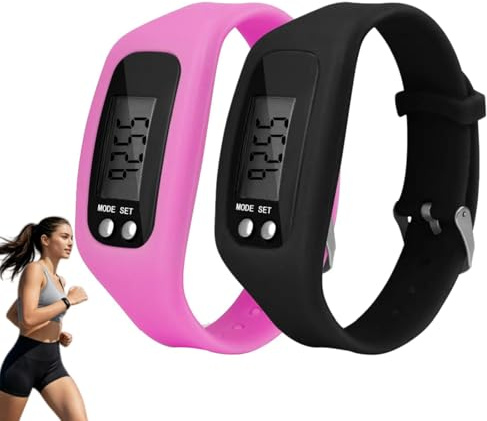 Orologio contapassi e fitness tracker per camminare, orologio digitale contapassi con tracker attività, orologio fitness resistente all'acqua per donne e uomini, confezione da 2 cinturini neri e rosa
