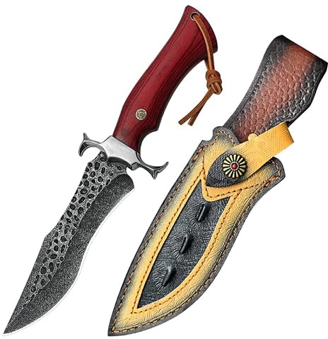 Gdekls Outdoormesser 29 cm, Damastoptik und roter Holzgriff | 15-cm-Edelstahlklinge mit Damastmuster, roter Holzgriff, geschwungenes Parierelement und verzierte Kunstlederscheide