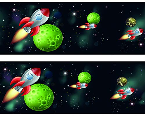 wandmotiv24 Bordüre Rakete im Weltraum 520cm Breite - Vlies Tapetenbordüre Borte Wandborde Borde Kinder Weltall Space BO010