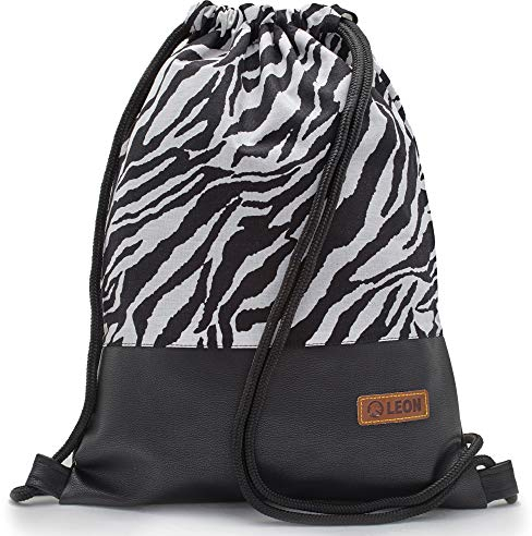 By Bers Leon großer Premium Turnbeutel mit Innentaschen Rucksack Tasche Damen Herren Teenager Gym Bag Draw String 45x34cm für Sport Reise Alltag Einkauf (Zebra_SW_PU)