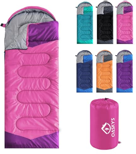 oaskys Camping Sleeping Bag - 3 Season Warm & Cool Weather - Summer Spring Fall Lightweight Waterproof for Adults Kids - Camping Essentials Gear Accessories Hiking Sleep Must Haves