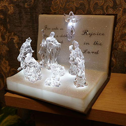 19cm Christmas Pre-Lit LED Musical Nativity Scene 3D Book Tabletop Acrylic Sculpture Battery Operated Light Up Xmas Holiday Home Decorations