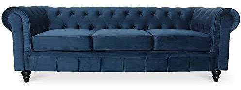 Canape Chesterfield Velours 3 Places Altesse Bleu foncé