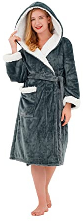 Winthome Ladies Dressing Gown,Super Soft Fluffy Bathrobe with Hood,Winter Cozy Fleece Bath Robe for Women Men Dressing Gown with Pocket