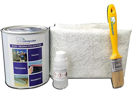 KIT VETRORESINA POLIESTERE 1,3KG - RIPARAZIONE BARCHE AUTO MOTO CAMPER - RESINA + CATALIZZATORE + FIBRA LANA VETRO + PENNELLO