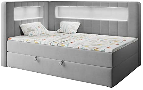MKS MEBLE Kinderbett 90x200 Mit LED, Boxspringbett Mit Bettkasten, Topper, Matratze und Stauraum - Gold 3 Junior - Grau - Links