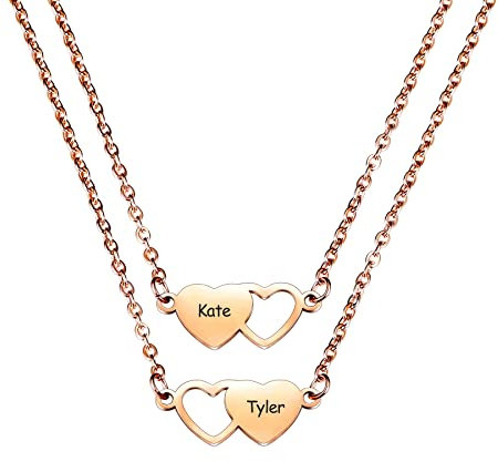 MeMeDIY Personalisierte Herz Passende Halskette, Individueller Name Edelstahl Verstellbar BFF Roségold Freundschaftskette für 2 Schwestern Beste Freunde Frauen Mädchen