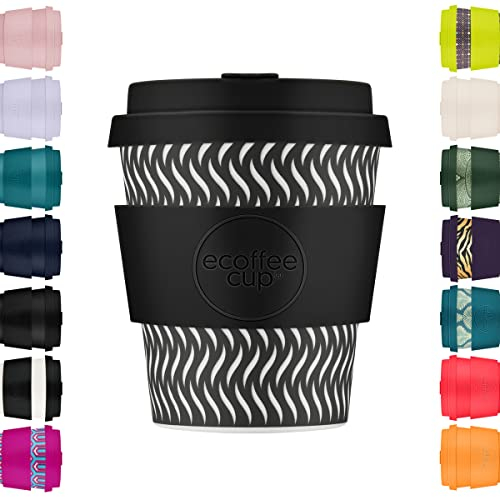 Ecoffee Cup 8oz 240ml Reusable Eco-Friendly 100% Plant Based Coffee Cup with Silicone Lid & Sleeve - Melamine Free & Biodegradable Dishwasher/Microwave Safe Travel Mug, Spin Foam