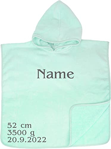 Schnoschi Baby Bade Poncho Mint mit Namen Bestickt 55 x 55 cm Bademantel Badetuch Kapuzenhandtuch Taufe Geschenk