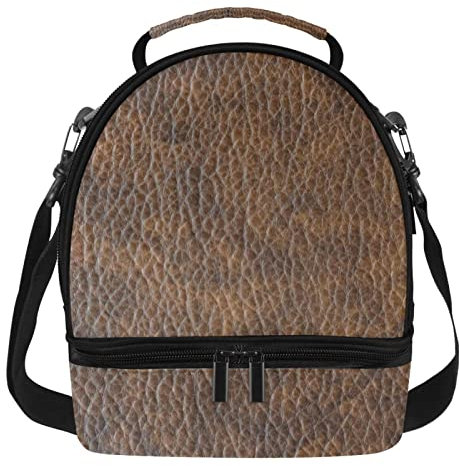 Lonchera de cuero marrón con aislamiento térmico de doble piso, impermeable, tamaño grande