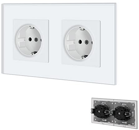 BSEED Enchufe de pared con Panel de cristal,Blanco Doble Schuko Enchufe con clips,16A 250V Tomas de corriente empotradas,Enchufe de pared aplicar para Cocina, Dormitorio,Oficina, Hotel, etc