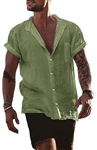 YAOBAOLE Herren Leinenhemd Regular Fit Sommer Hemd Herren Kurzarm Sommer Freizeithemd Männer Oberhemden Herren Armeegrün XL