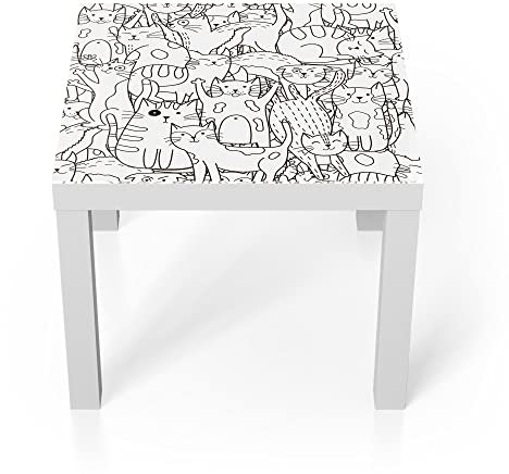 DEQORI Glastisch | weiß klein 55x55 cm | Motiv Comic-Katzen | ausgefallener Beistelltisch aus Glas | Hochglanz Couchtisch fürs Wohnzimmer | moderner Couch Tisch mit Design