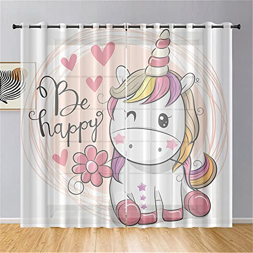 Hiseng Voile Vorhänge mit Ösen Durchsichtig Halbtransparent Ösenvorhang für Fenster Wohnzimmer Schlafzimmer Einhorndruck Moderne Elegante Transparent Gardine 2er Set (140x213cm,Rosa Einhorn)
