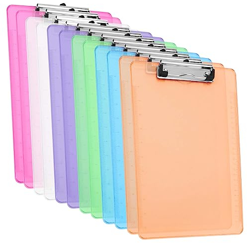 SINJEUN 12 Pack A4 Klemmbretter, Kunststoff Transparent Klemmbrett mit Metallklemme und Aufhängeloch, Bunte Klemmbretter zum Schreiben und Malen, 6 Farben
