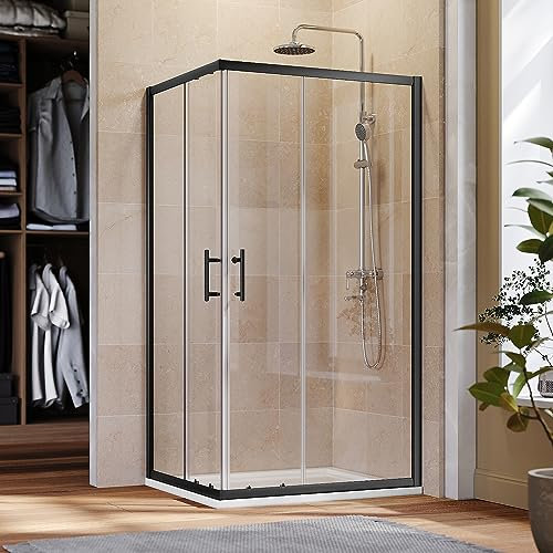 ELEGANT 800 x 700 mm Black Corner Entry Shower Enclosure 6mm Extra Toughened Safety Glass Sliding Shower Door Screen Panel