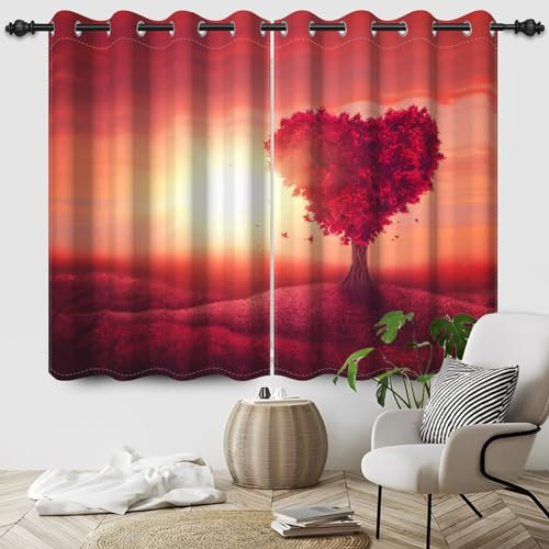 Bovlleetd Baum der Liebe Blackout Vorhänge Romantische Valentinstag Schlafzimmer Vorhänge Sonnenuntergang Natur Rote Blätter mit Herz Baum Fenster Vorhänge 117x138cm (Breite x Länge) Satz 2 Paneele