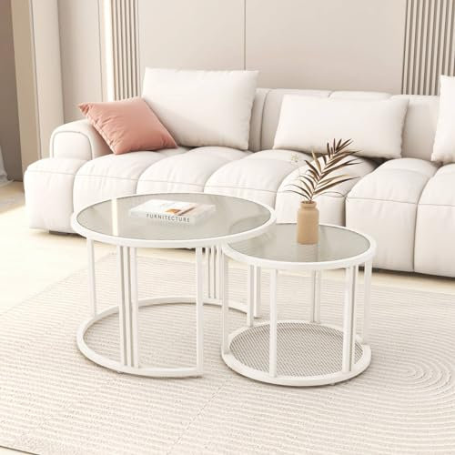 Sweiko Rund Couchtisch 2er Set,Sofatisch Kaffeetisch Sideboard mit Wasserwellen-Glasplatte Lackierung,Wohnzimmer Klein Beistelltisch mit Cremeweiß Farbe Frame,Moderne Couchtisch Satz für Balkon