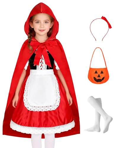 Velmawig Mädchen Rotkäppchen Kostüm Umhang Kinder Little Red Riding Hood Costume Cape Karneval Weihnachten Party Cosplay Outfit mit Schürze Stirnband Socken VL015G