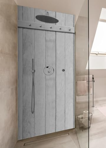 Wallario Selbstklebende Duschrückwand 90 x 200 cm mit Motiv Graue Holztür - Wandverkleidung Fließenersatz mit Hochglanzlaminat in Glasoptik
