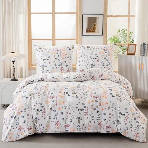 ATsense Bettwäsche 135x200 Baumwolle, 4 teilig Bettwäsche-Sets, Bunt Pflanzen Blumen Muster, ÖKO-TEX Weiche 2 Bettbezug Set mit Reißverschluss und 2 mal 80x80cm Kissenbezug