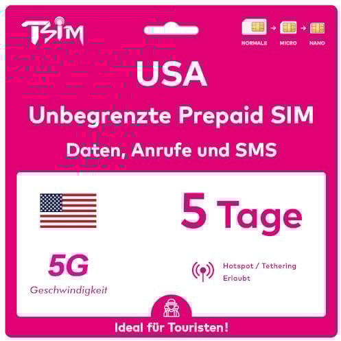 USA SIM-Karte 5 Tage. T-Mobile-Netz mit unbegrenztem Highspeed-Datenvolumen in 5G/4G/LTE | Unbegrenzte Anrufe und SMS innerhalb der USA (einschließlich Hawaii). 5G SIM-Karte!